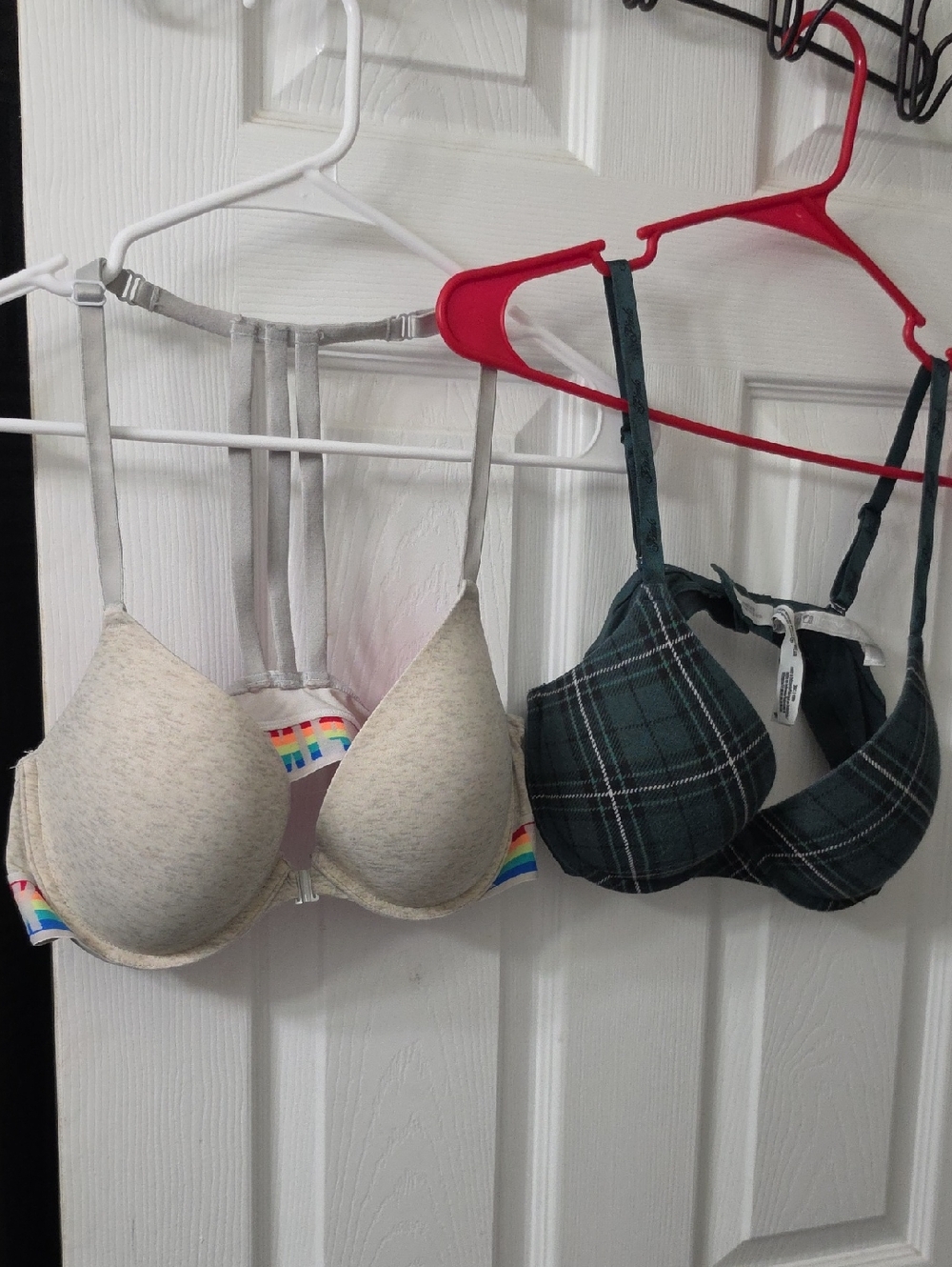 "Victoria's Secret PINK" Green Plaid & Heather Gray Bra Duo with Rainbow Accent